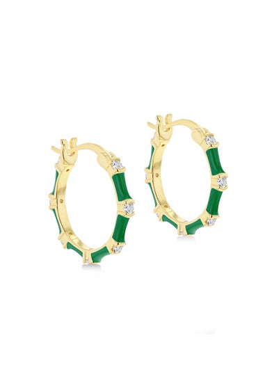 Golden Moments Yellow Gold Plated CZs Green Enamel Hoop Earrings