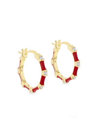 Golden Moments Yellow Gold Plated CZs Red Enamel Hoop Earrings