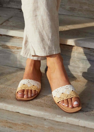 Linzi Antonia White & Natural Two-Tone Woven Slider Sandal