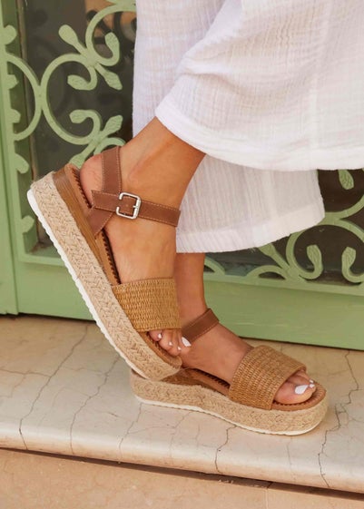 Linzi Panama Tan Raffia Two Part Espadrille Inspired Flatform Sandal