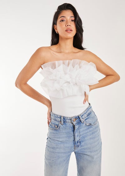 Pink Vanilla White Corsage Front Ruffle Bodysuit