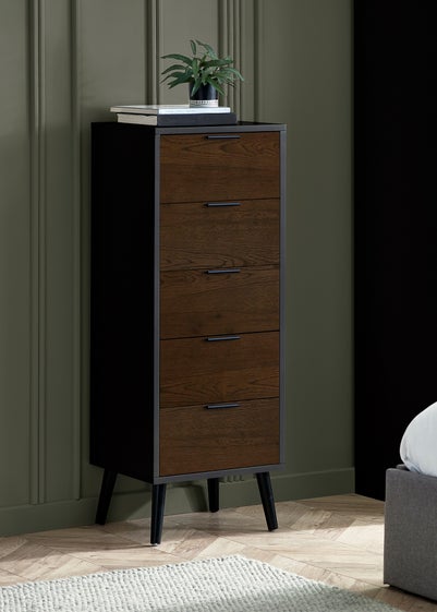 Julian Bowen Alba 5 Drawer Narrow Chest in Walnut and Black (120.5 x 45 x 40cm)