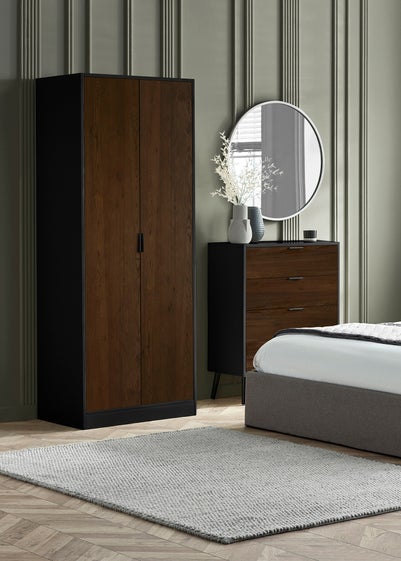 Julian Bowen Alba 2 Door Wardrobe in Walnut and Black (202 x 77 x 53cm)