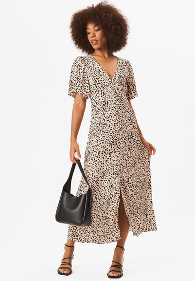 Gini London Beige Animal Print Button Down Midi Dress