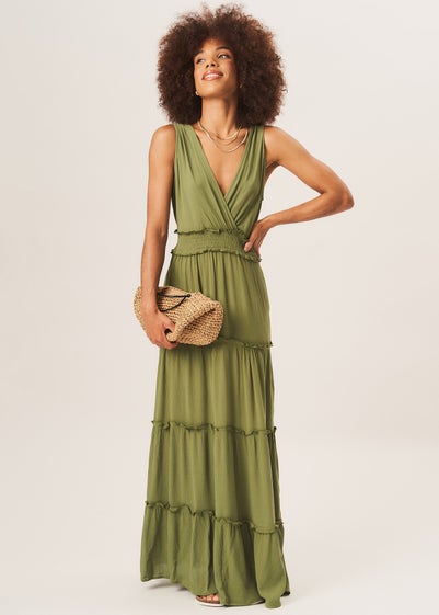 Gini London Khaki Shirred Waist Wrap Tiered Midi Dress