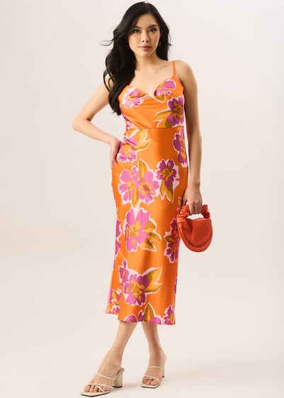 Gini London Orange Floral Print Cowl Neck Slip Midi Dress