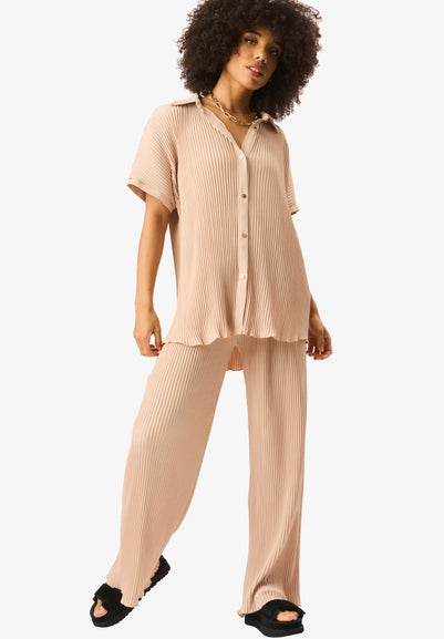 Gini London Beige Plisse Loungewear Wide Leg Trousers