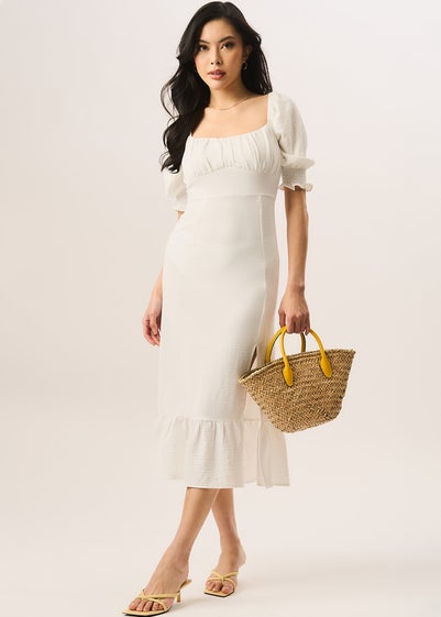 Gini London Ivory Shirred Sleeves Shift Midi Dress