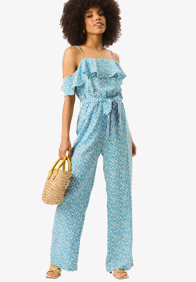 Gini London Blue Ruffle Cold Shoulder Jumpsuit