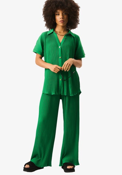 Gini London Green Plisse Loungewear Wide Leg Trousers