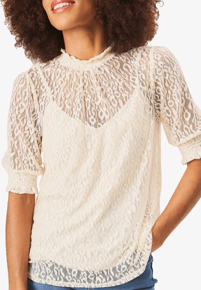 Gini London Cream High Neck Lace Loose Fit Blouse