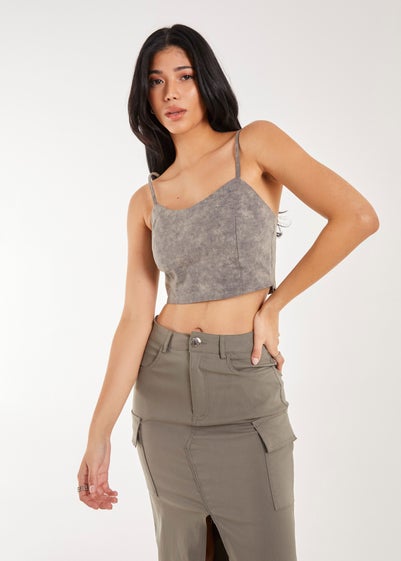 Pink Vanilla Khaki Stone Washed Stretch Crop Top