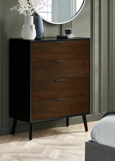 Julian Bowen Alba 4 Drawer Wide Chest in Walnut and Black (100.5 x 78 x 40cm)