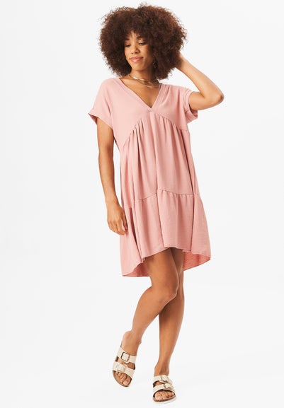 Gini London Beige V-Neck Tiered Mini Smock Dress