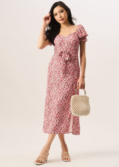 Gini London Red Ditsy Rose Print Belted Midi Dress