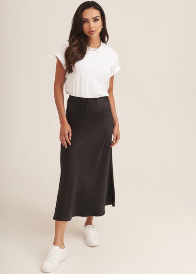 Gini London Black Satin Bias Cut Midi Skirt