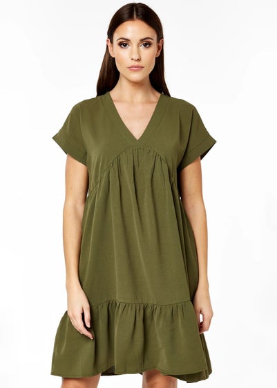 Gini London Khaki V-Neck Tiered Mini Smock Dress