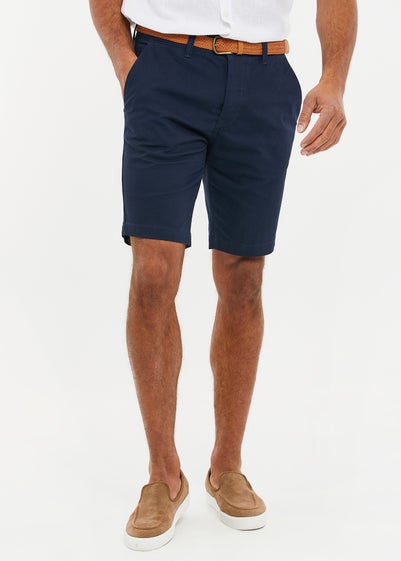 Threadbare Navy Cotton Turn-Up Chino Shorts with Woven Belt