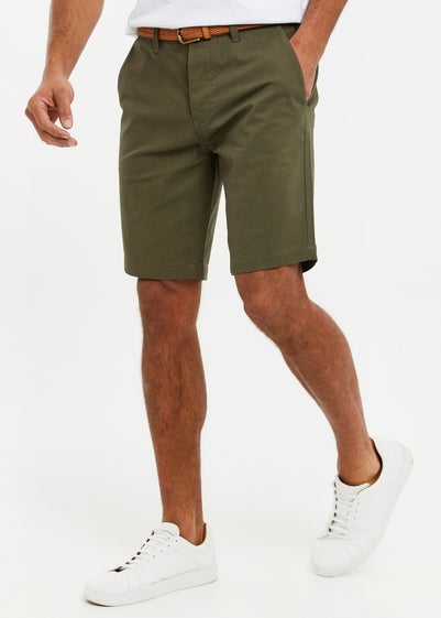 Threadbare Khaki Cotton Turn-Up Chino Shorts with Woven Belt