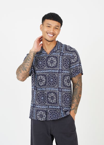 Brave Soul Navy Revere Collar Print Shirt