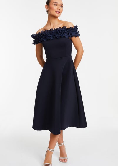 Quiz Blue Bardot Ruffle Skater Midi Dress