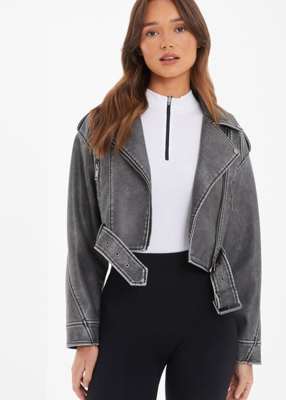 Quiz Grey Faux Leather Oversized Biker Jacket