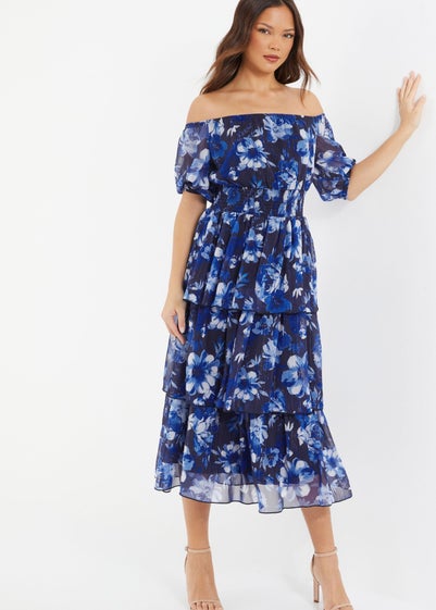 Quiz Blue Chiffon Floral Bardot Midi Dress