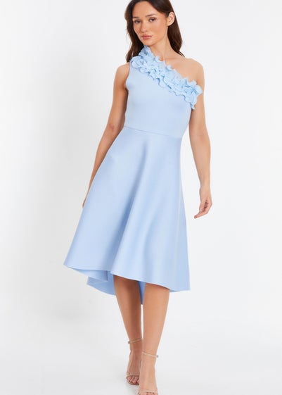 Quiz Blue One Shoulder Ruffle Skater Midi Dress