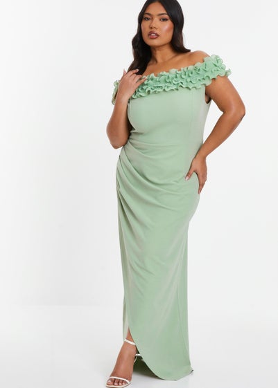 Quiz Green Curve Ruffle Bardot Maxi Dress