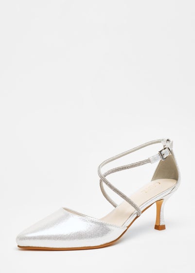 Quiz Silver Shimmer Cross Strap Court Heels