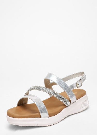 Quiz Silver Wide Fit Asymmetric Diamante Strap Sandals