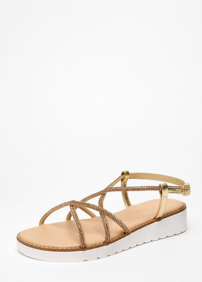 Quiz Gold Diamante Cross Strap Flatform Sandals