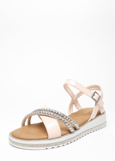 Quiz Pink Faux Leather Diamante Cross Strap Sandals