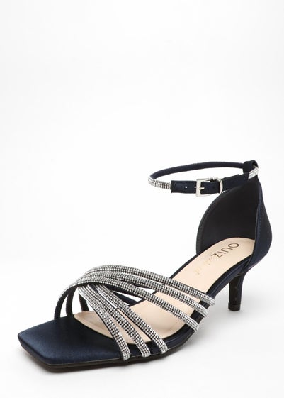 Quiz Navy Wide Fit Satin Diamante Cross Strap Low Heels