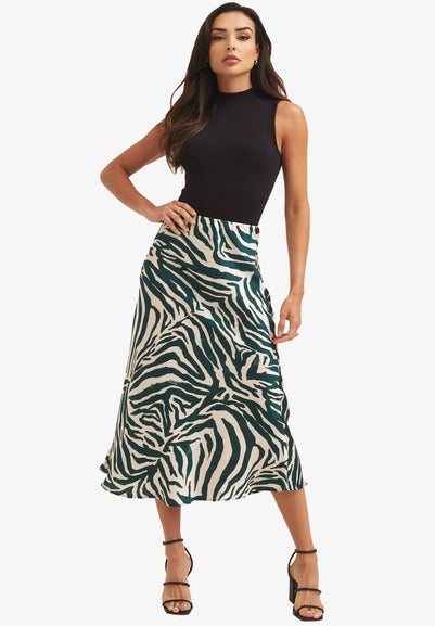 Gini London Green Animal Print Satin Bias Cut Midi Skirt