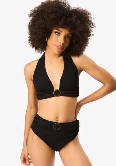 Gini London Black Textured Halter Bikini Top With Ring Belt Detail - Size 8
