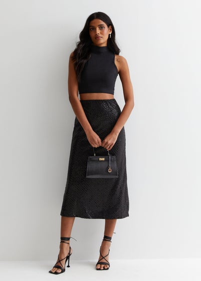 Gini London Black Sequin Bias Midi Skirt