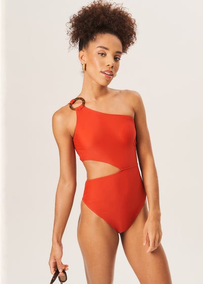 Gini London Rust One Shoulder Ring Detail Cutout Swimsuit