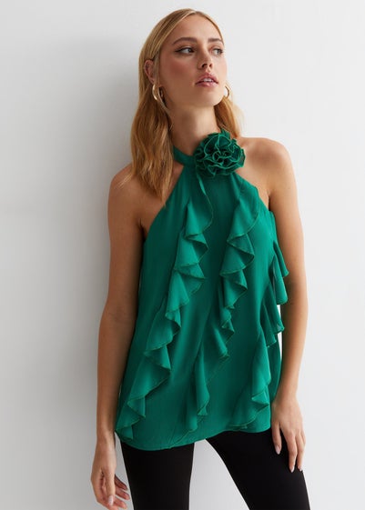 Gini London Green Ruffle Detail Halter Neck Top