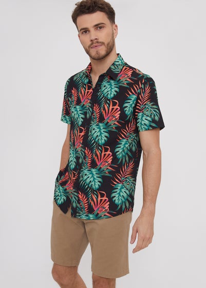 Threadbare Black Cotton Tropical Print Short Sleeve Shirt