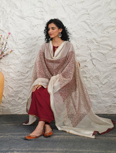 Women Beige Brown Cotton Block Print Collection Dupatta