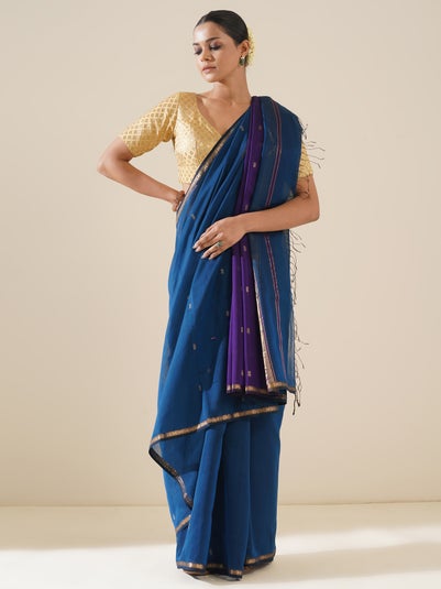 Naitri Women Blue Maheshwari Silk Solid Saree