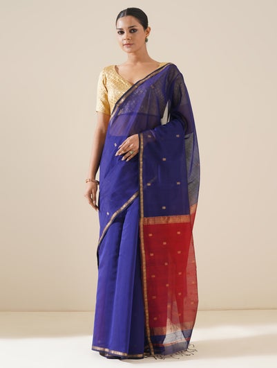 Naitri Women Blue Maheshwari Silk Solid Saree