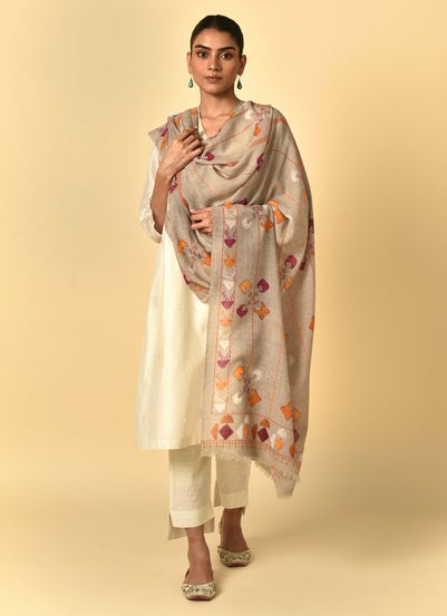 Asees Asees Women Natural White Wool Phulkari Shawl