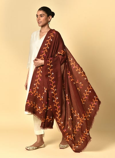 Asees Asees Women Maroon Red Wool Phulkari Shawl