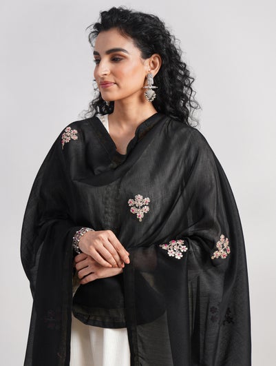 Women Black Cotton Silk Hand Embroidery Dupatta