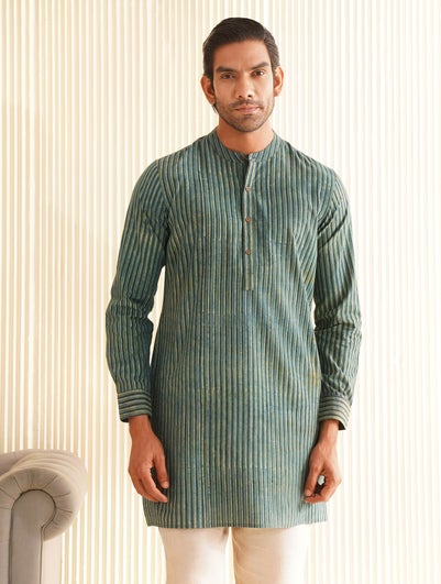 Men Blue Cotton Bagru Mandarin Collar Straight Fit Kurta - 38