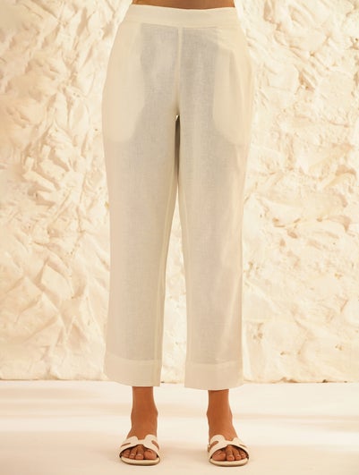 Women Ivory Cotton Solid Ankle Length Straight Fit Pant - XS