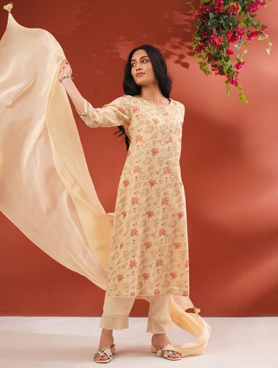 Women Off White_Cream Cotton Silk Block Print Round Neck Straight Kurta With Pant - XS