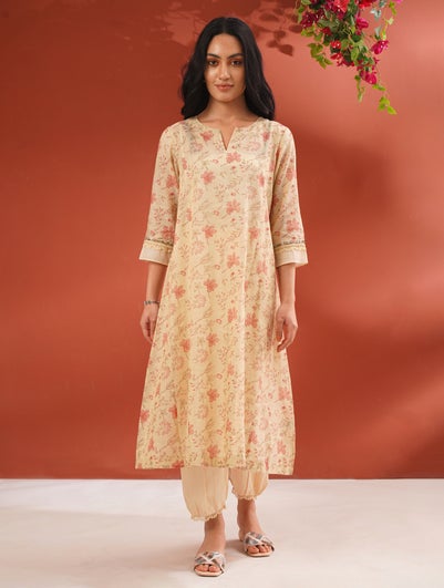 Women Off White_Cream Cotton Silk Block Print Round Neck Flared Kurta, Slip & Pant - S